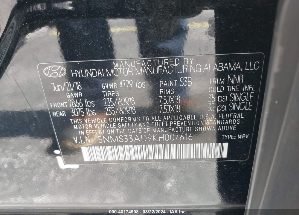 2019 HYUNDAI SANTA FE SEL PLUS VIN: 5NMS33AD9KH007616