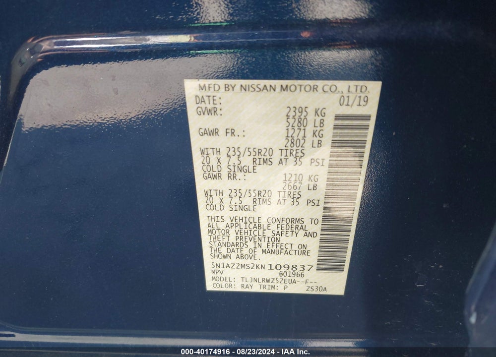 2019 NISSAN MURANO SL VIN: 5N1AZ2MS2KN109837