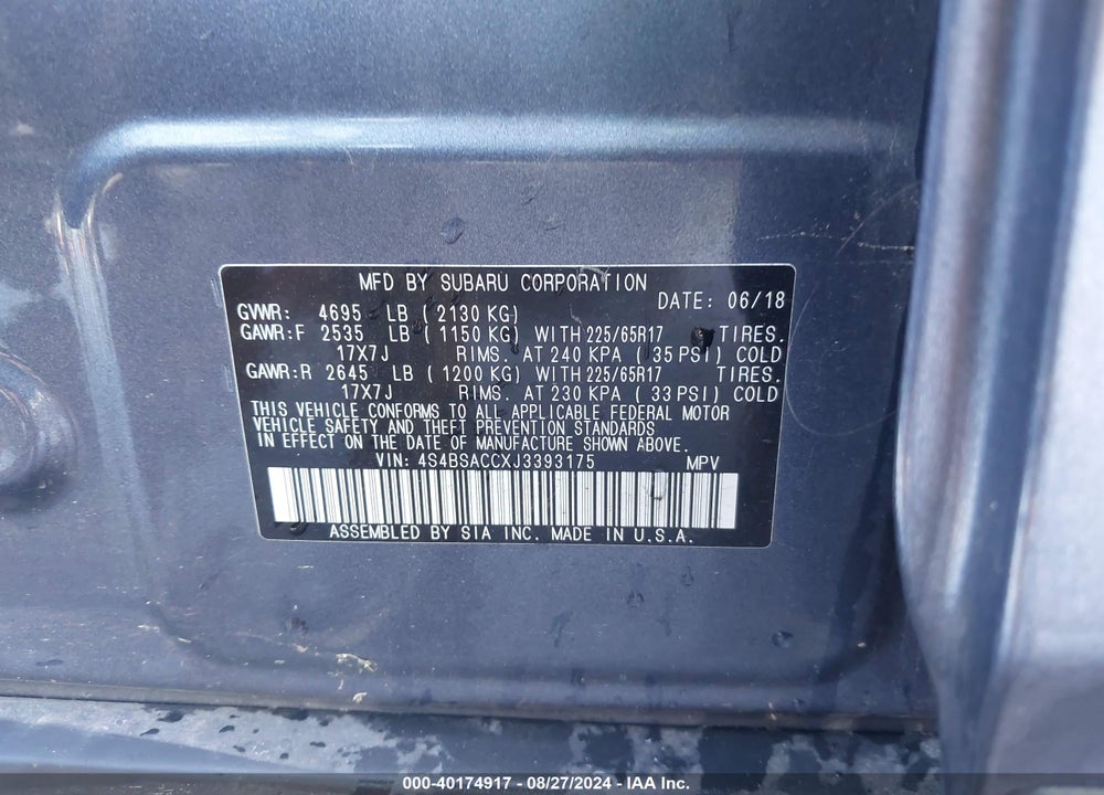 2018 SUBARU OUTBACK 2.5I PREMIUM VIN: 4S4BSACCXJ3393175