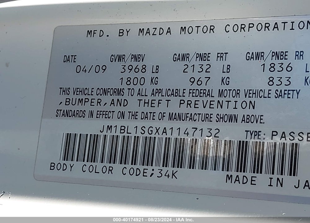 2010 MAZDA 3 I TOURING VIN: JM1BL1SGXA1147132