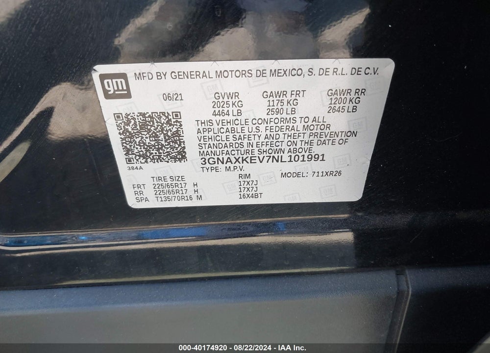 2022 CHEVROLET EQUINOX FWD LT VIN: 3GNAXKEV7NL101991