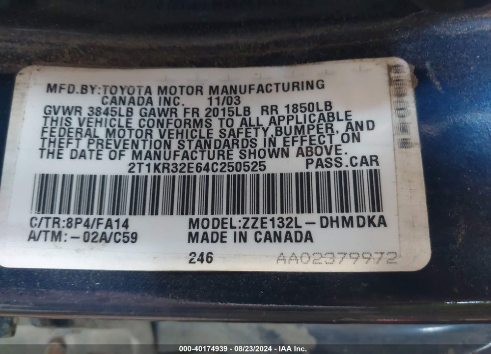 2004 TOYOTA MATRIX STANDARD VIN: 2T1KR32E64C250525