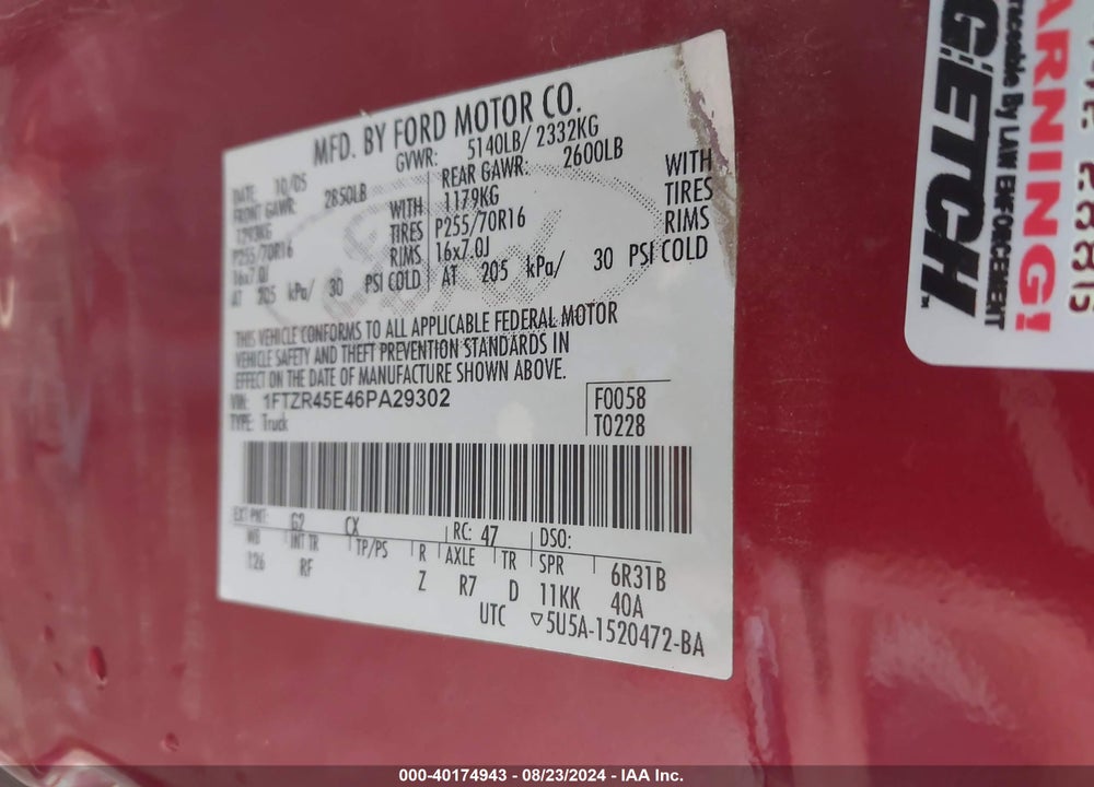 2006 FORD RANGER FX4 LEVEL II/FX4 OFF-ROAD/SPORT/XLT VIN: 1FTZR45E46PA29302