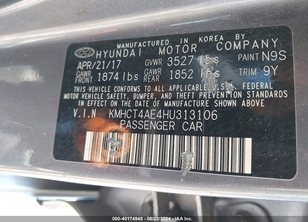 2017 HYUNDAI ACCENT SE VIN: KMHCT4AE4HU313106