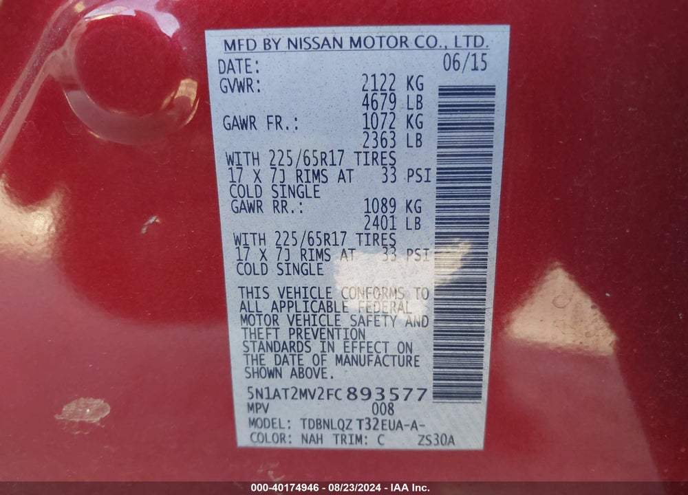 2015 NISSAN ROGUE SV VIN: 5N1AT2MV2FC893577