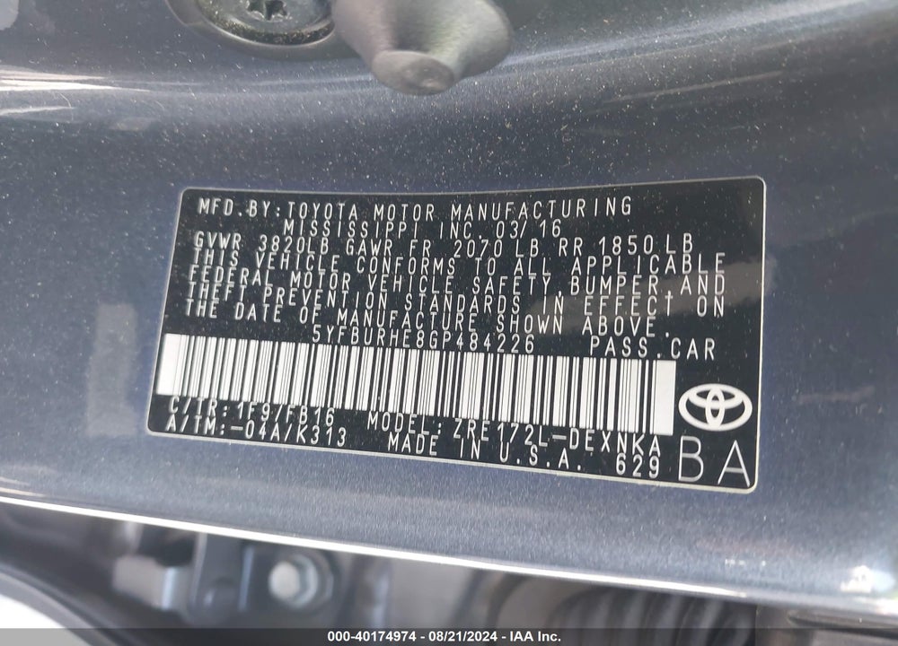 2016 TOYOTA COROLLA LE VIN: 5YFBURHE8GP484226