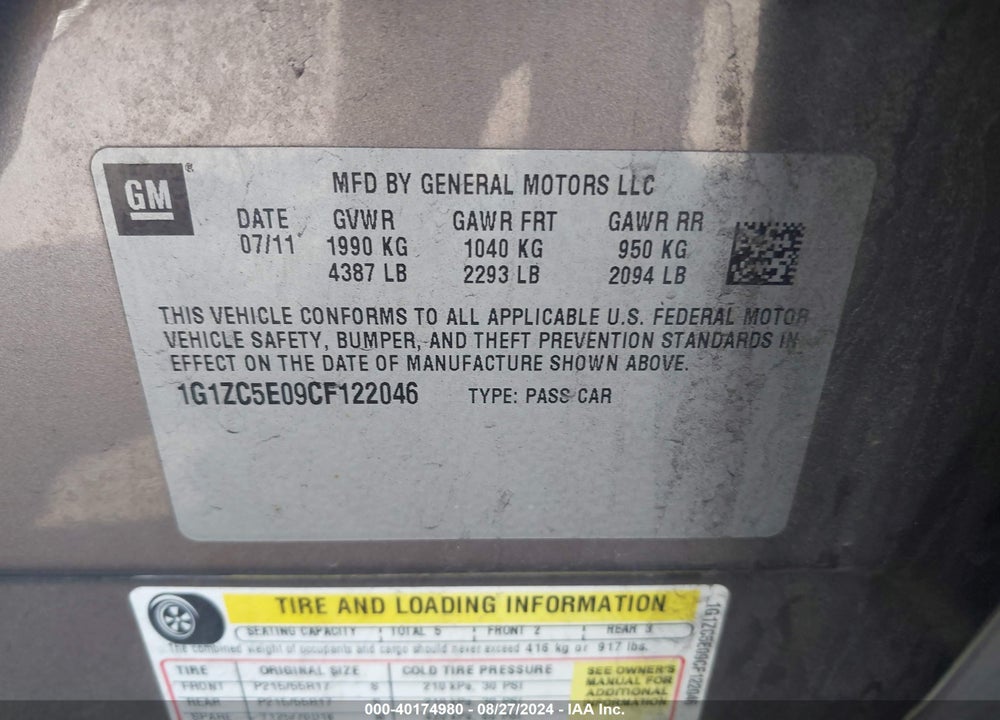 2012 CHEVROLET MALIBU 1LT VIN: 1G1ZC5E09CF122046