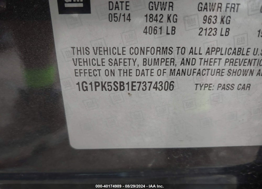 2014 CHEVROLET CRUZE LT VIN: 1G1PK5SB1E7374306