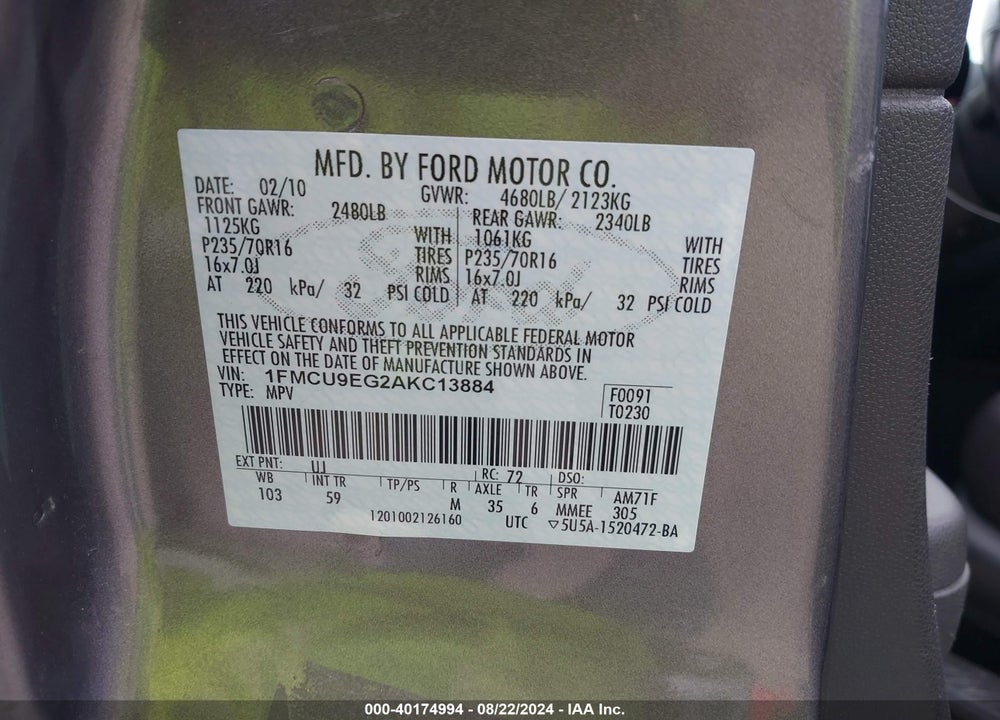 2010 FORD ESCAPE LIMITED VIN: 1FMCU9EG2AKC13884