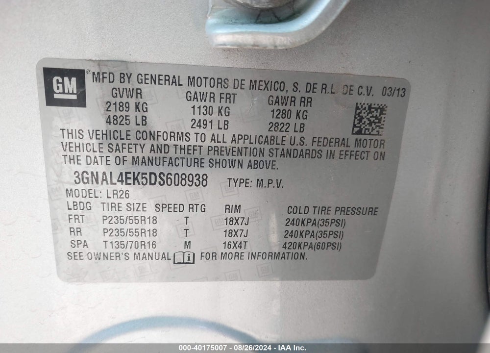2013 CHEVROLET CAPTIVA SPORT LTZ VIN: 3GNAL4EK5DS608938