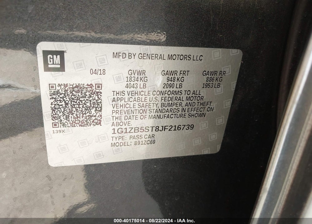 2018 CHEVROLET MALIBU 1LS VIN: 1G1ZB5ST8JF216739