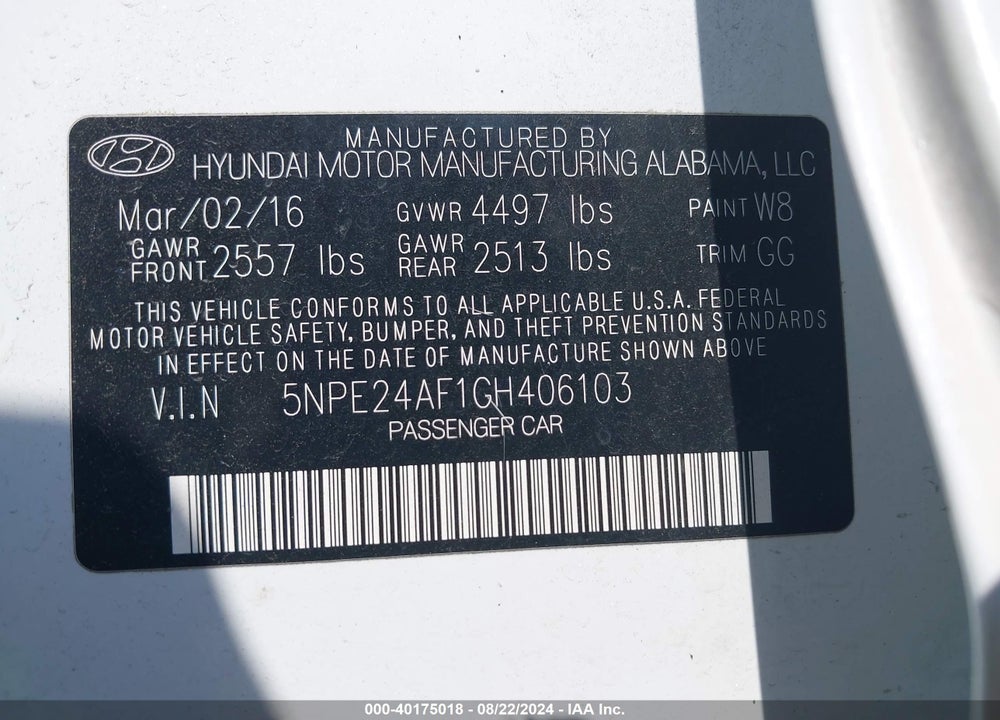 2016 HYUNDAI SONATA VIN: 5NPE24AF1GH406103