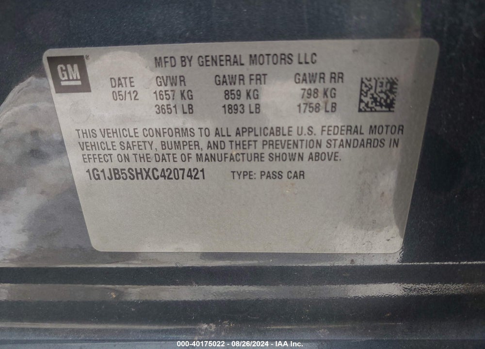 2012 CHEVROLET SONIC 1LS VIN: 1G1JB5SHXC4207421