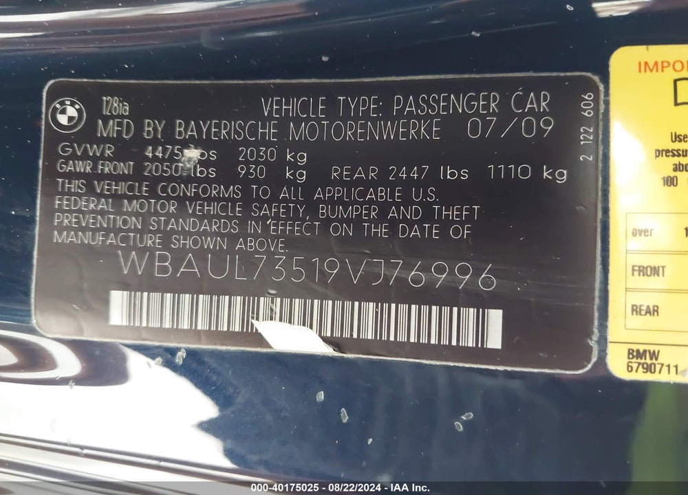 2009 BMW 128I VIN: WBAUL73519VJ76996