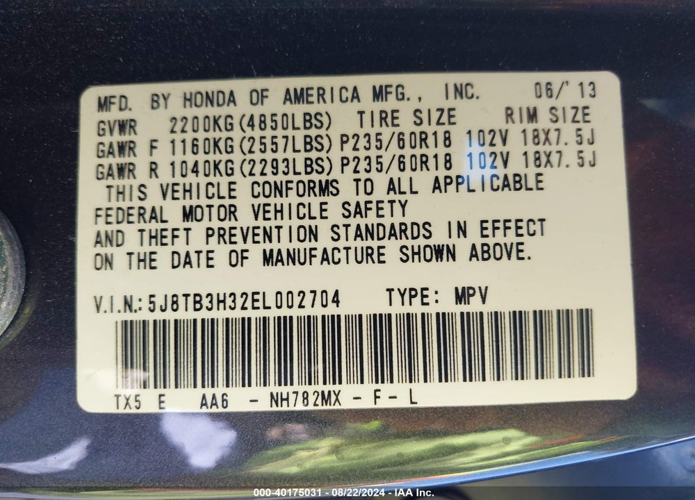 2014 ACURA RDX VIN: 5J8TB3H32EL002704