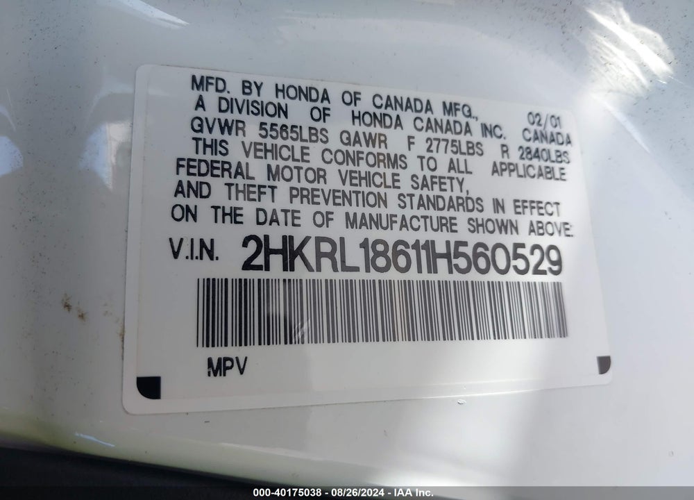 2001 HONDA ODYSSEY EX VIN: 2HKRL18611H560529