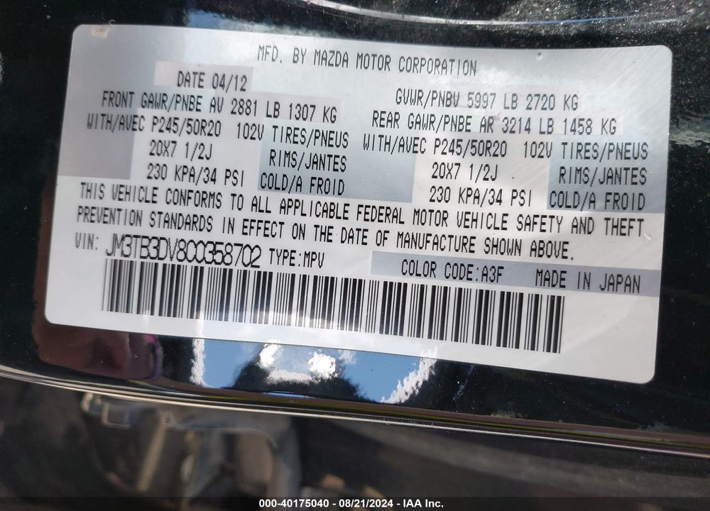 2012 MAZDA CX-9 GRAND TOURING VIN: JM3TB3DV8C0358702