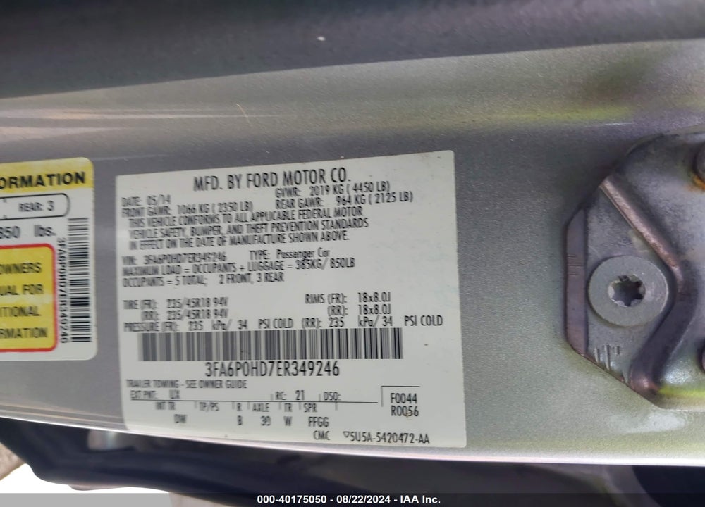 2014 FORD FUSION SE VIN: 3FA6P0HD7ER349246