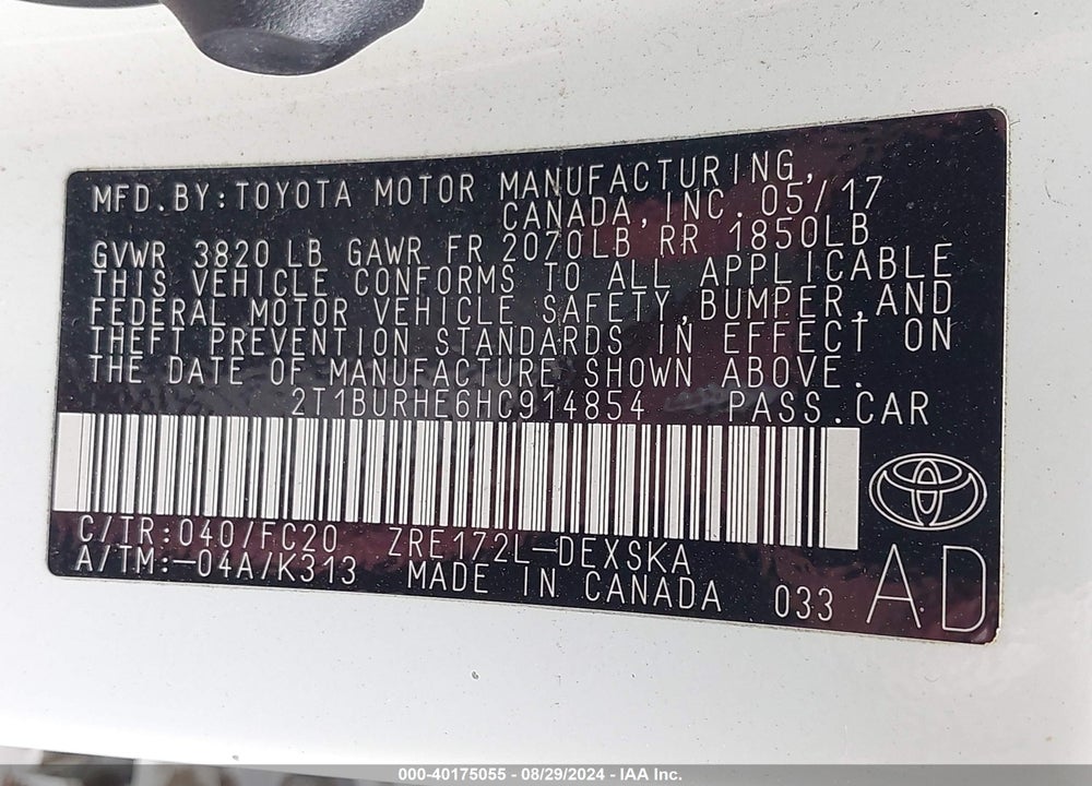 2017 TOYOTA COROLLA SE VIN: 2T1BURHE6HC914854