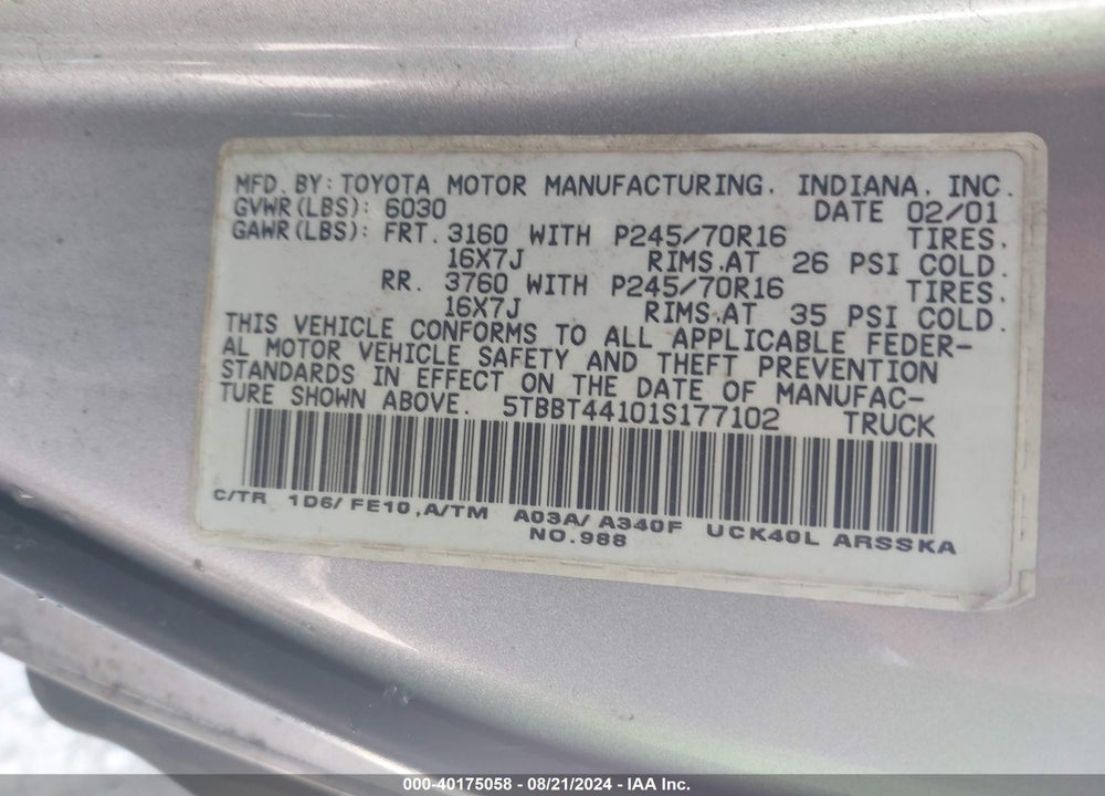 2001 TOYOTA TUNDRA VIN: 5TBBT44101S177102