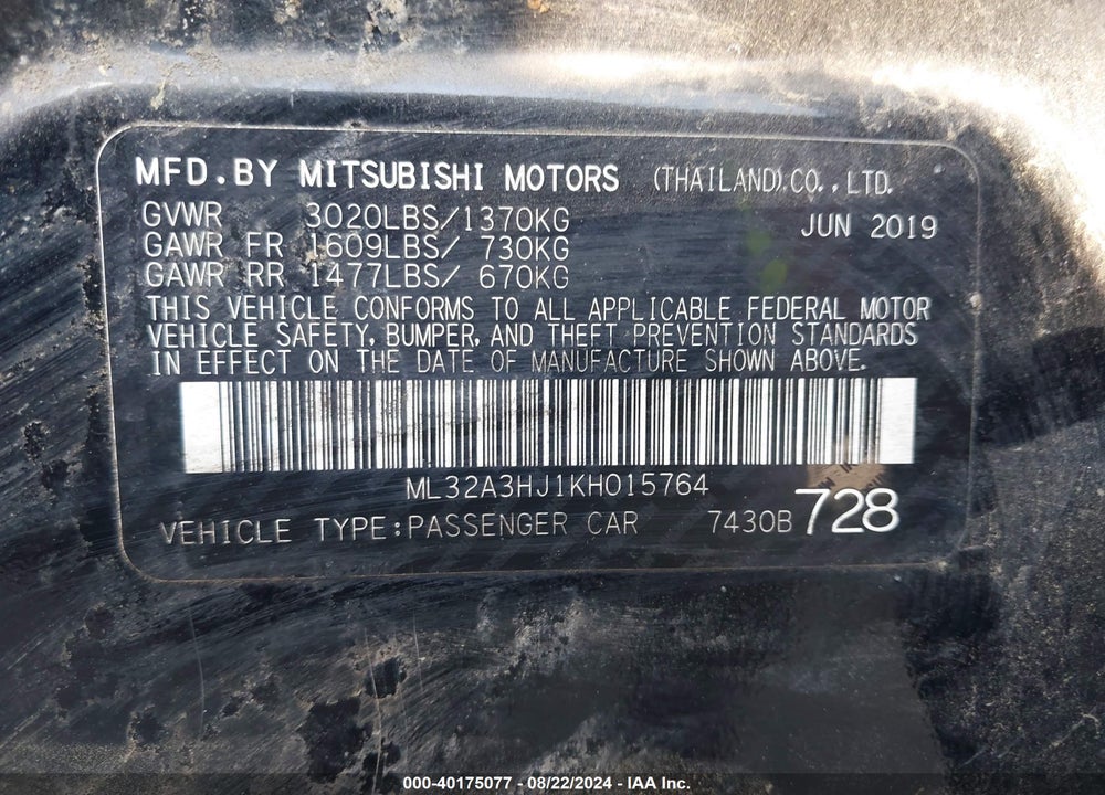 2019 MITSUBISHI MIRAGE RF VIN: ML32A3HJ1KH015764