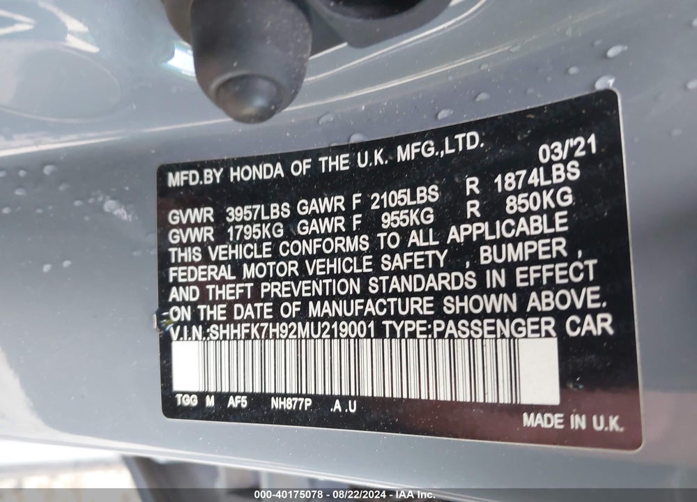 2021 HONDA CIVIC SPORT TOURING VIN: SHHFK7H92MU219001
