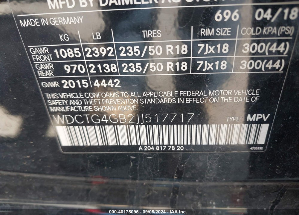 2018 MERCEDES-BENZ GLA 250 4MATIC VIN: WDCTG4GB2JJ517717