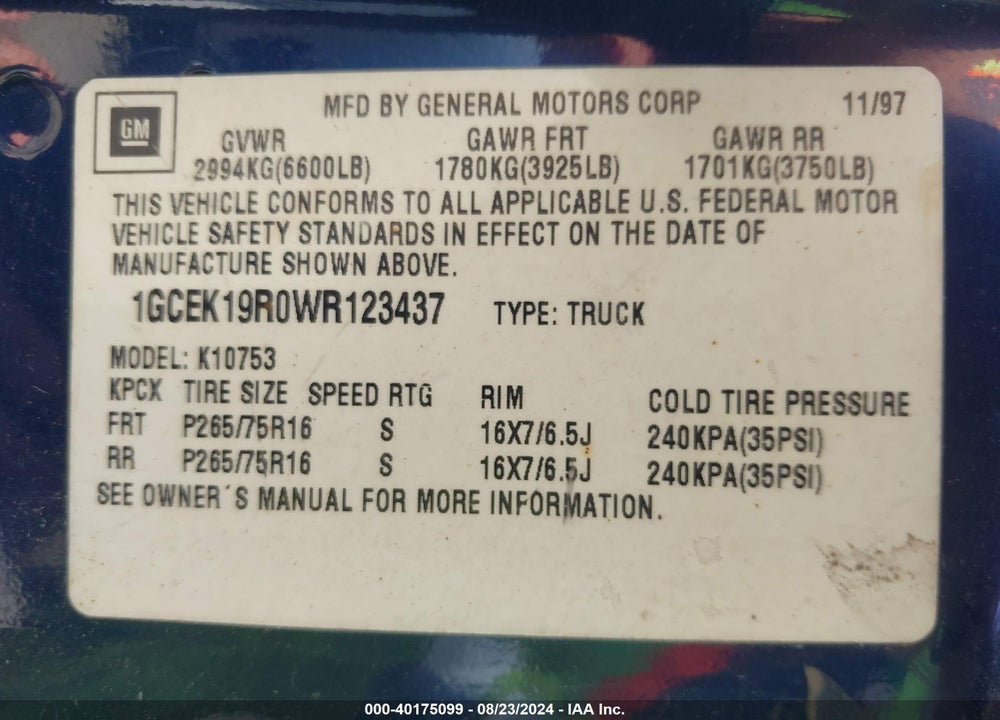 1998 CHEVROLET K1500 FLEETSIDE VIN: 1GCEK19R0WR123437