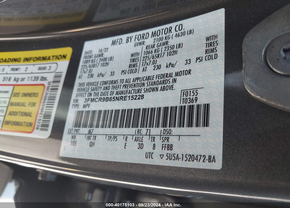 2022 FORD BRONCO SPORT BIG BEND VIN: 3FMCR9B65NRE15228