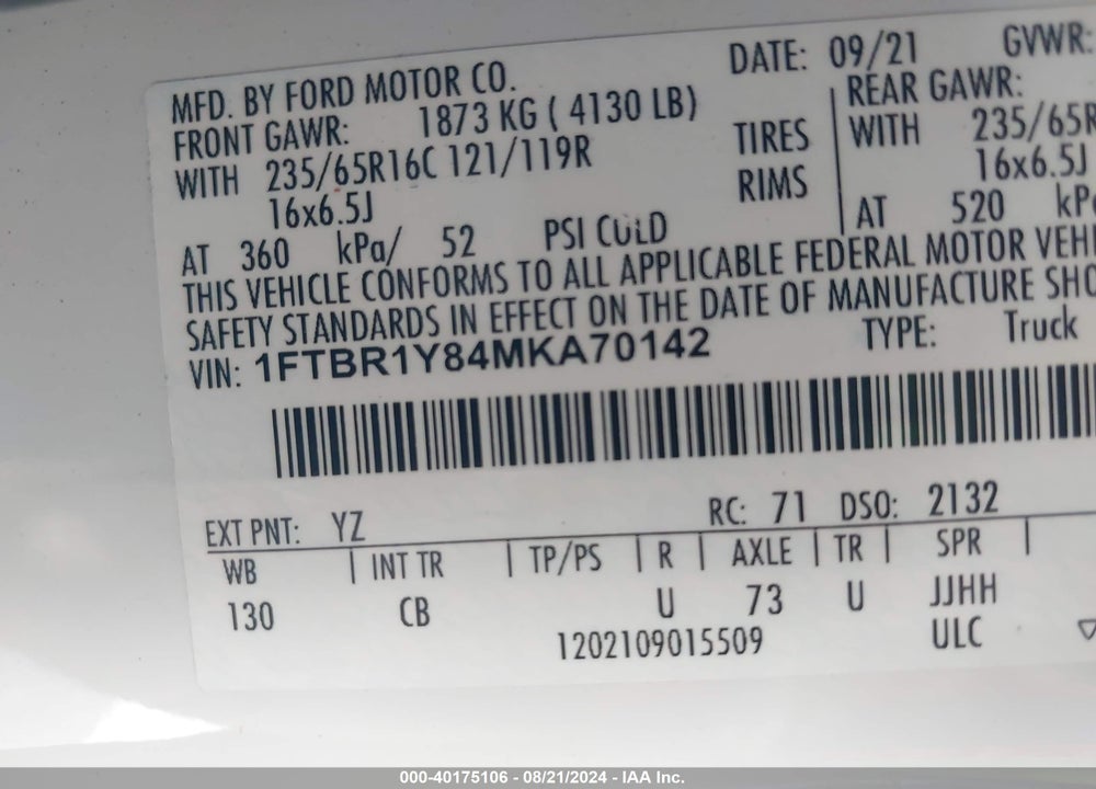 2021 FORD TRANSIT-250 VIN: 1FTBR1Y84MKA70142