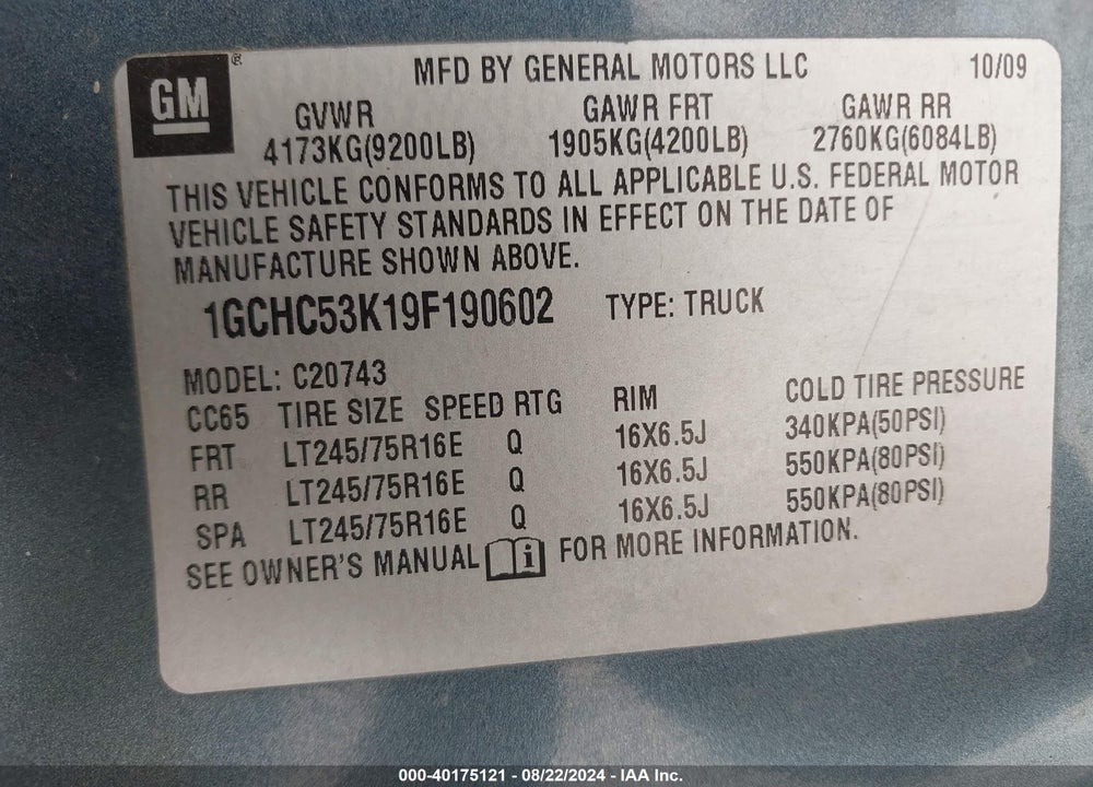 2009 CHEVROLET SILVERADO 2500HD LT VIN: 1GCHC53K19F190602