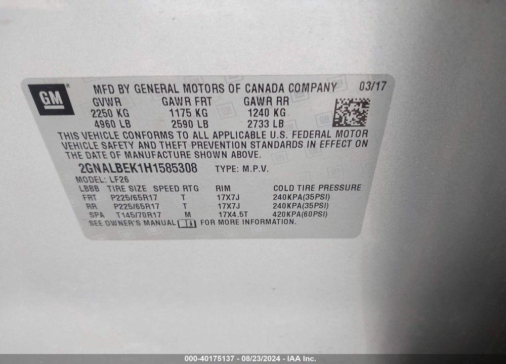2017 CHEVROLET EQUINOX LS VIN: 2GNALBEK1H1585308