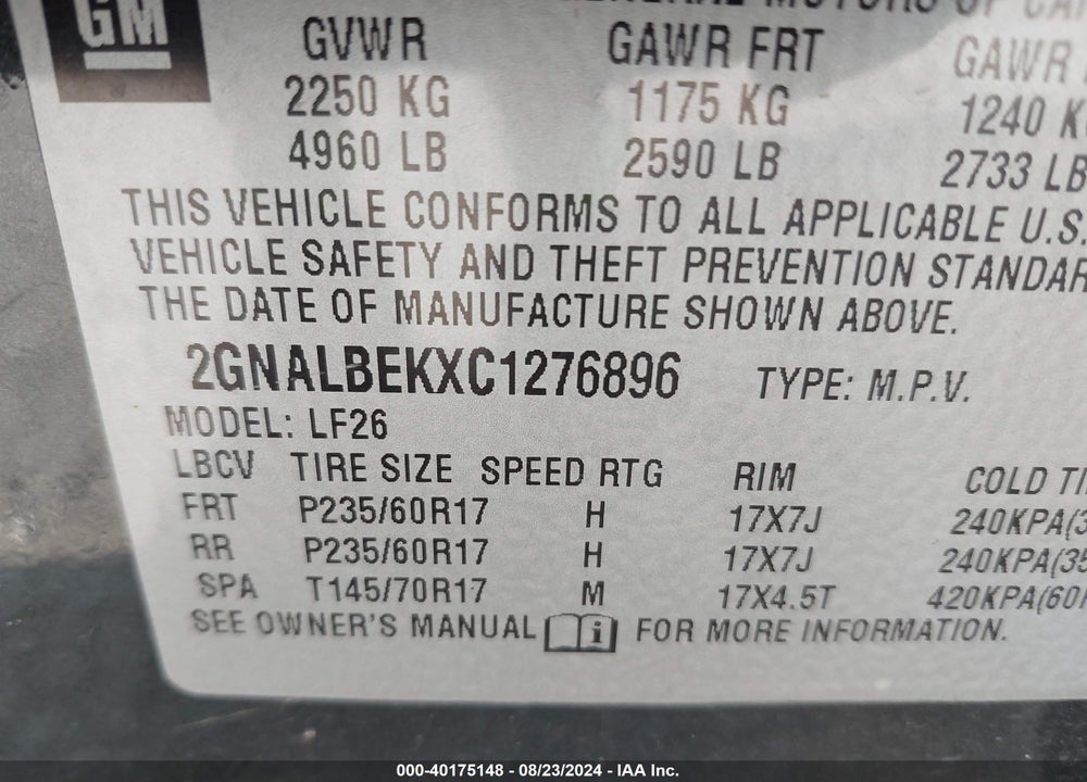 2012 CHEVROLET EQUINOX LS VIN: 2GNALBEKXC1276896