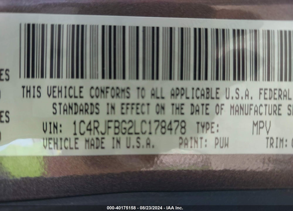 2020 JEEP GRAND CHEROKEE LIMITED 4X4 VIN: 1C4RJFBG2LC178478