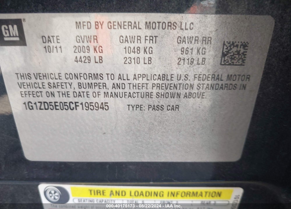 2012 CHEVROLET MALIBU 2LT VIN: 1G1ZD5E05CF195945