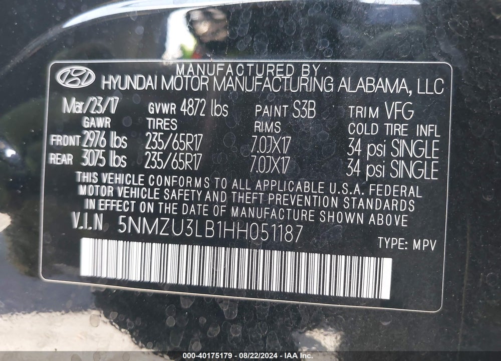 2017 HYUNDAI SANTA FE SPORT 2.4L VIN: 5NMZU3LB1HH051187