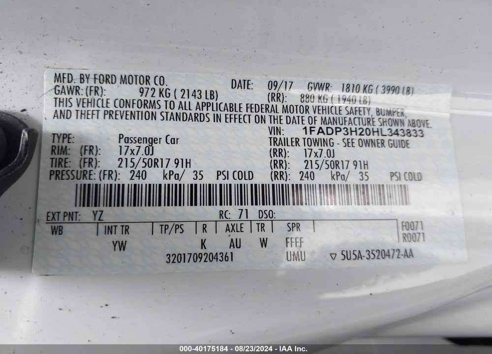 2017 FORD FOCUS SEL VIN: 1FADP3H20HL343833