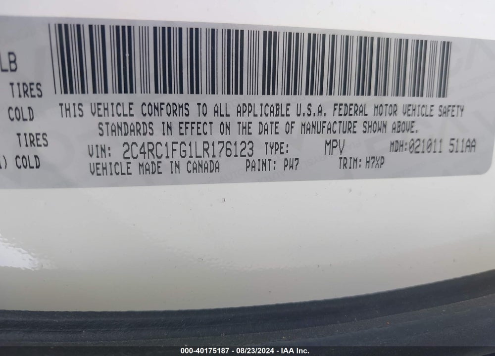 2020 CHRYSLER PACIFICA TOURING VIN: 2C4RC1FG1LR176123