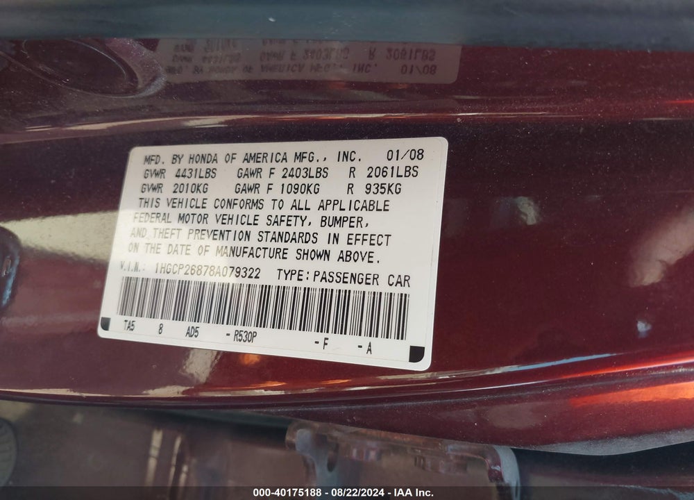 2008 HONDA ACCORD 2.4 EX-L VIN: 1HGCP26878A079322