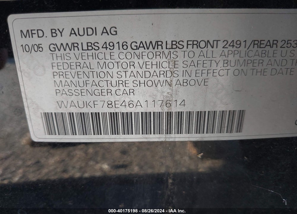 2006 AUDI A4 2.0T AVANT VIN: WAUKF78E46A117614