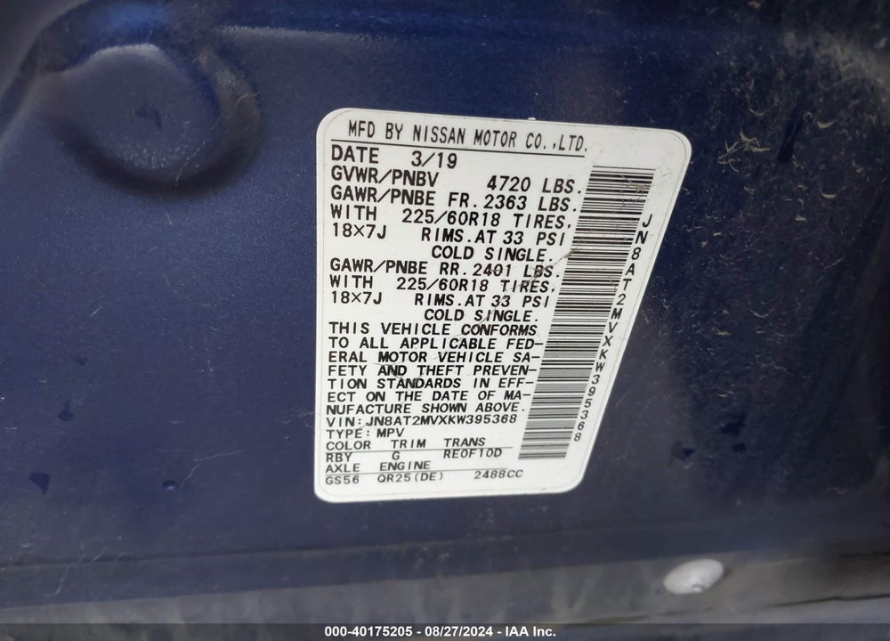 2019 NISSAN ROGUE SV VIN: JN8AT2MVXKW395368