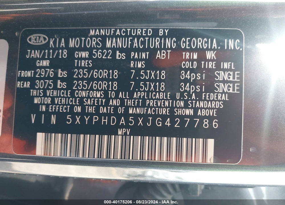 2018 KIA SORENTO 3.3L EX VIN: 5XYPHDA5XJG427786