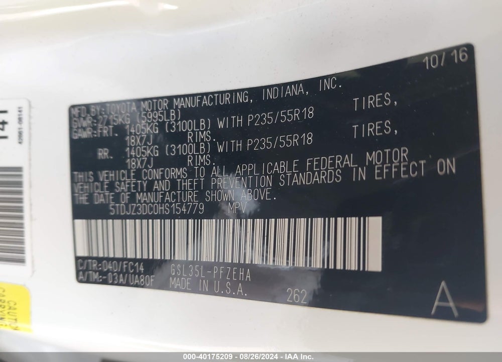 2017 TOYOTA SIENNA LE 7 PASSENGER VIN: 5TDJZ3DC0HS154779