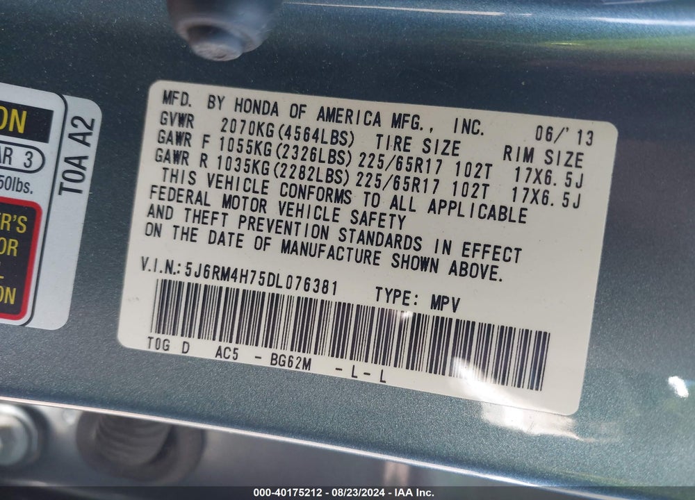 2013 HONDA CR-V EX-L VIN: 5J6RM4H75DL076381