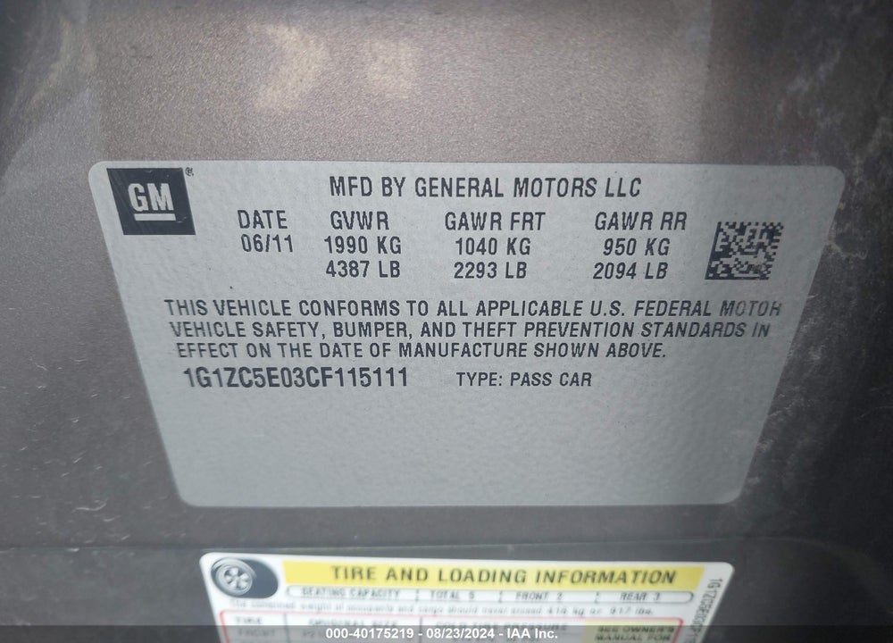 2012 CHEVROLET MALIBU 1LT VIN: 1G1ZC5E03CF115111