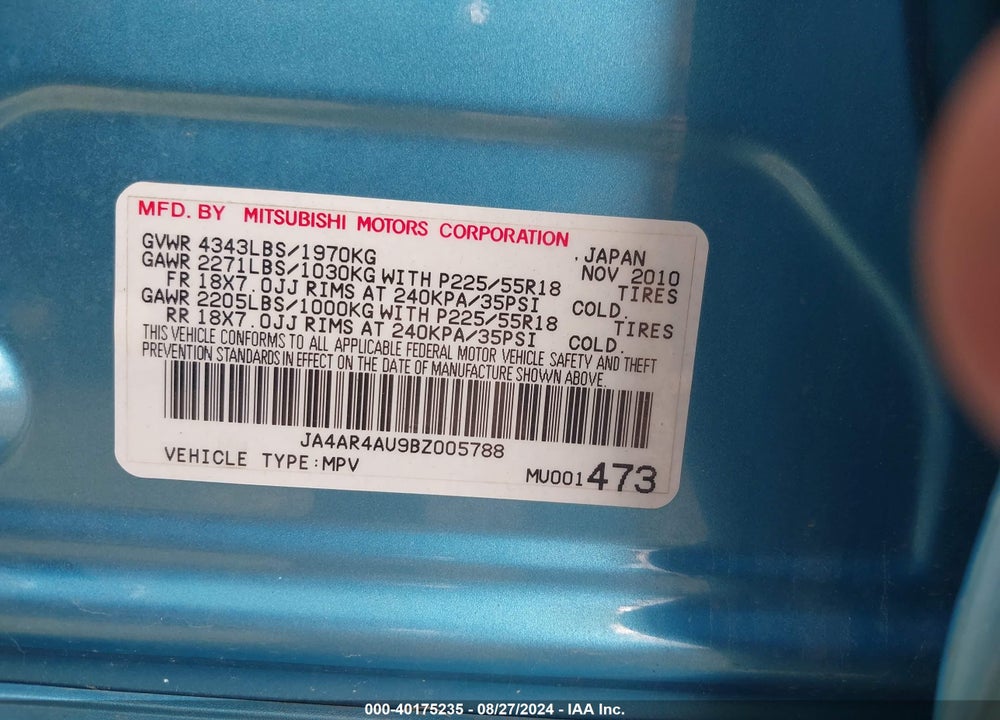 2011 MITSUBISHI OUTLANDER SPORT SE VIN: JA4AR4AU9BZ005788
