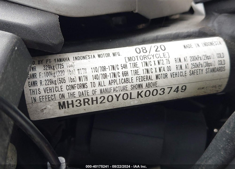 2020 YAMAHA MT-03 VIN: MH3RH20Y0LK003749