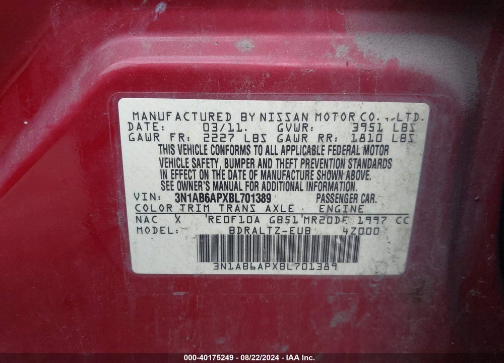 2011 NISSAN SENTRA 2.0S VIN: 3N1AB6APXBL701389