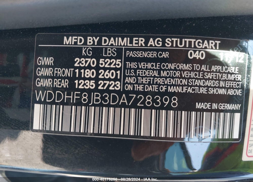2013 MERCEDES-BENZ E 350 VIN: WDDHF8JB3DA728398