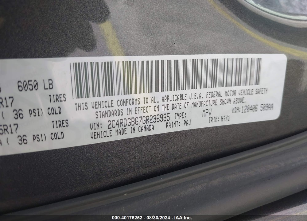 2016 DODGE GRAND CARAVAN AMERICAN VALUE PKG VIN: 2C4RDGBG7GR236935